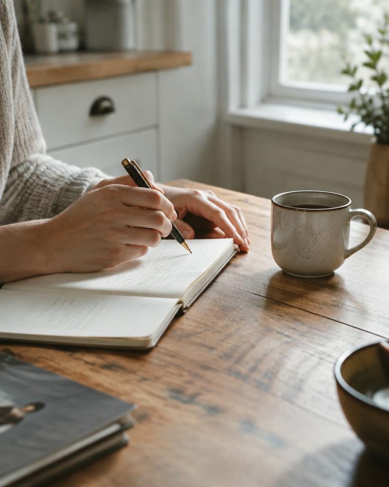 Hands writing in a notebook beside a cup of coffee at a kitchen table