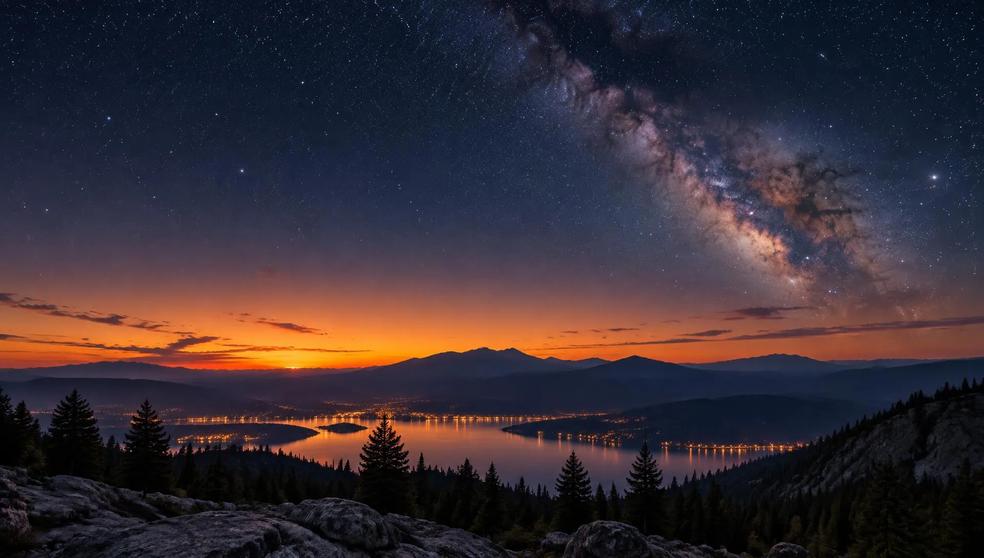 Mountains and a lake with city lights under a twilight sky