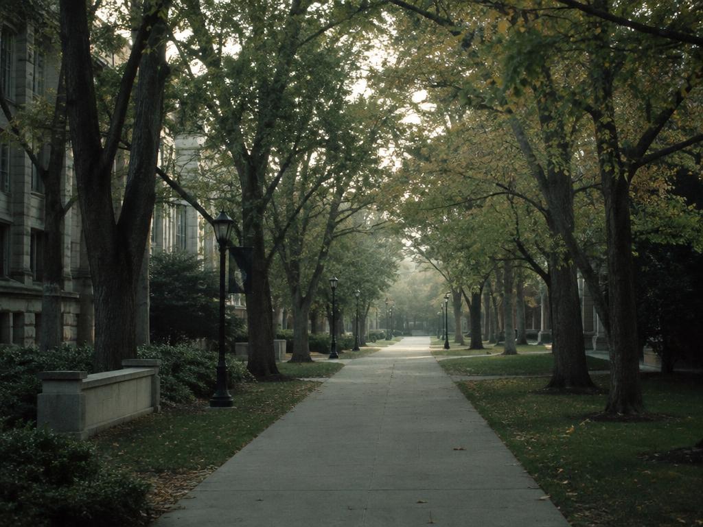 A quiet tree-lined campus walkway in the early morning