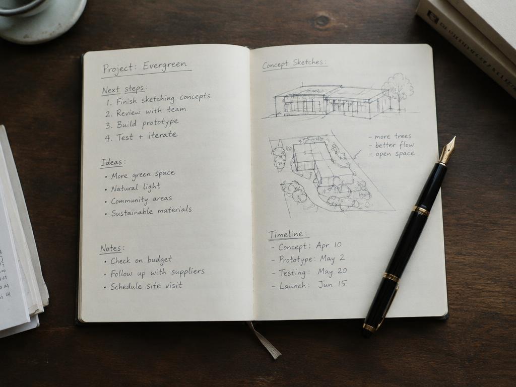 An open notebook with handwritten plans and a fountain pen