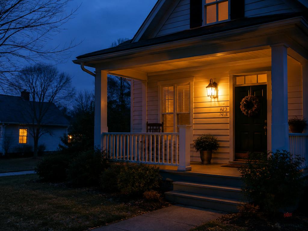 A porch light glowing on a family home at dusk