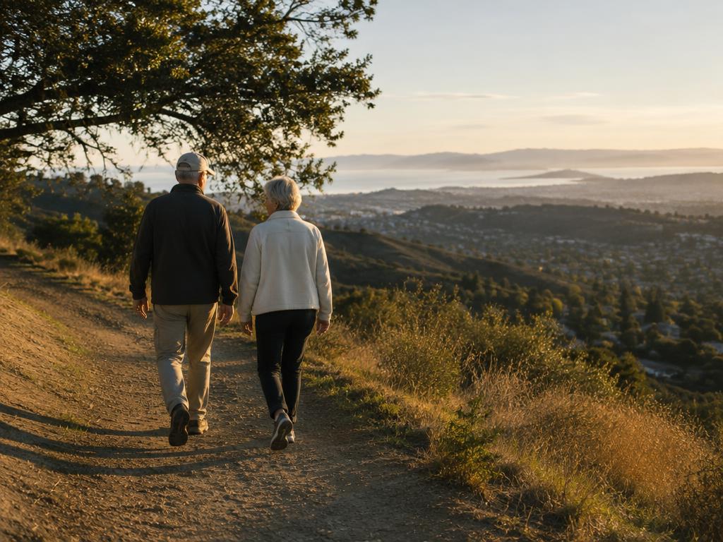 An older couple walking a hillside trail, seen from behind